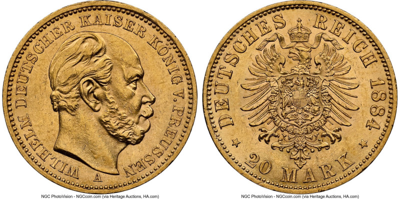 Prussia. Wilhelm I gold 20 Mark 1884-A MS62 NGC, Berlin mint, KM505, J-246. HID0...