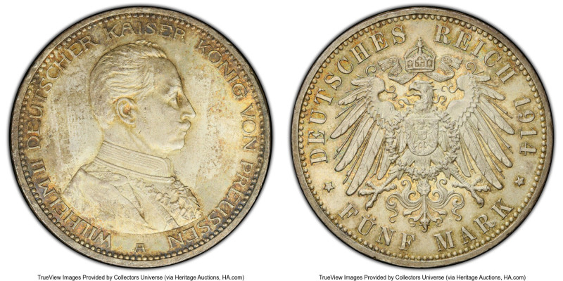 Prussia. Wilhelm II 5 Mark 1914-A MS65 PCGS, Berlin mint, KM536, J-114. Almost m...