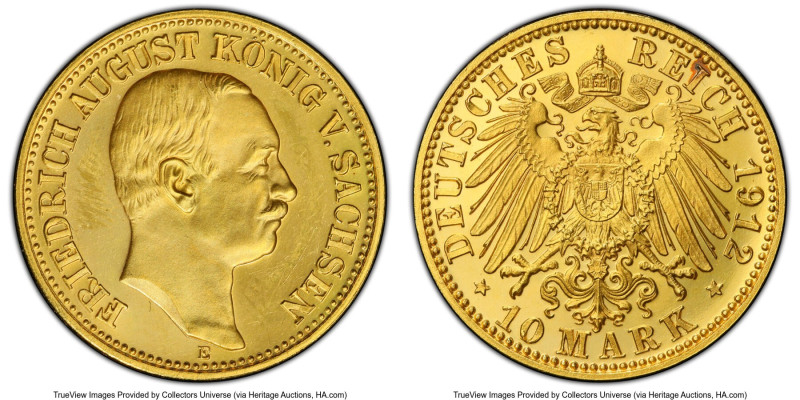 Saxony. Friedrich August III gold Proof 10 Mark 1912-E PR64 Cameo PCGS, Muldenhu...