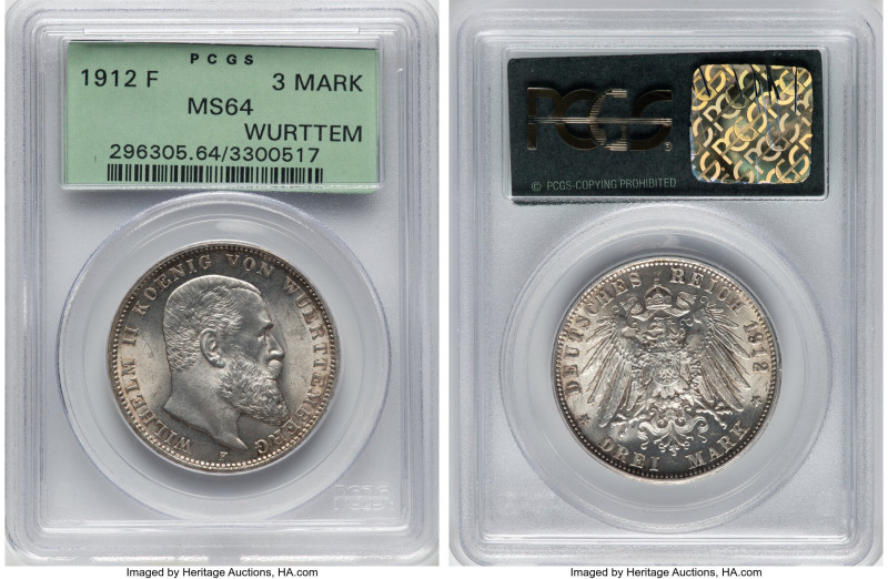 Württemberg. Wilhelm II 3 Mark 1912-F MS64 PCGS, Stuttgart mint, KM635, J-175. F...