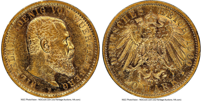 Württemberg. Wilhelm II gold 20 Mark 1900-F AU55 NGC, Stuttgart mint, KM634, J-2...