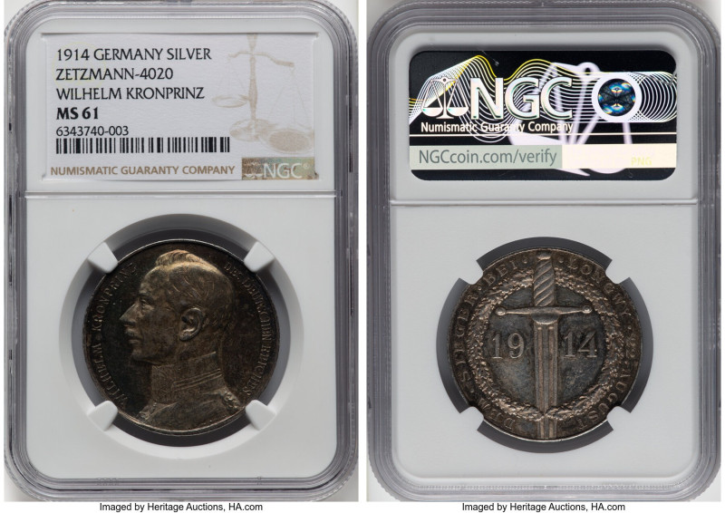 "Wilhelm Crown Prince" silver Medal 1914 MS61 NGC, Zetzmann-4020. 33mm. HID09801...