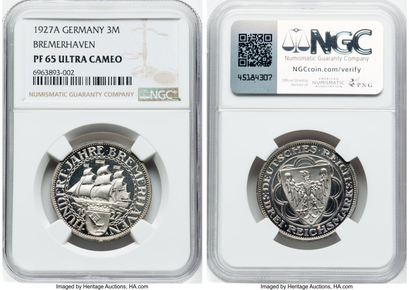 Weimar Republic Proof "Bremerhaven" 3 Mark 1927-A PR65 Ultra Cameo NGC, Berlin m...