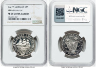 Weimar Republic Proof "Bremerhaven" 3 Mark 1927-A PR65 Ultra Cameo NGC, Berlin mint, KM50, J-325. 100th Anniversary of Bremerhaven. Incredibly pleasin...