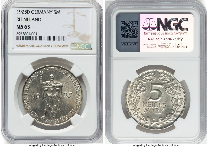 Weimar Republic "Rhineland" 5 Mark 1925-D MS63 NGC, Munich mint, KM47, J-322. 10...