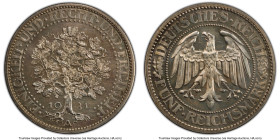 Weimar Republic Proof "Oak Tree" 5 Mark 1931-A PR63 PCGS, Berlin mint, KM56, J-331. Full details remain on the crisply struck oak tree, with strong re...