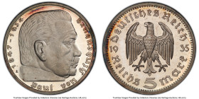 Third Reich Proof "Hindenburg 5 Mark 1935-A PR65 Deep Cameo PCGS, Berlin mint, KM86, J-360. A glamorous Proof rendition of this otherwise common "Hind...