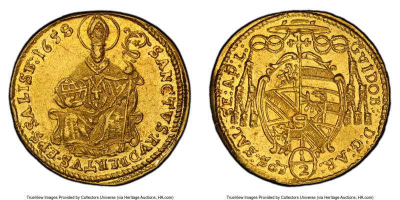 Salzburg. Guidobald gold 1/2 Ducat 1658 UNC Details (Edge Repaired) PCGS, KM164,...