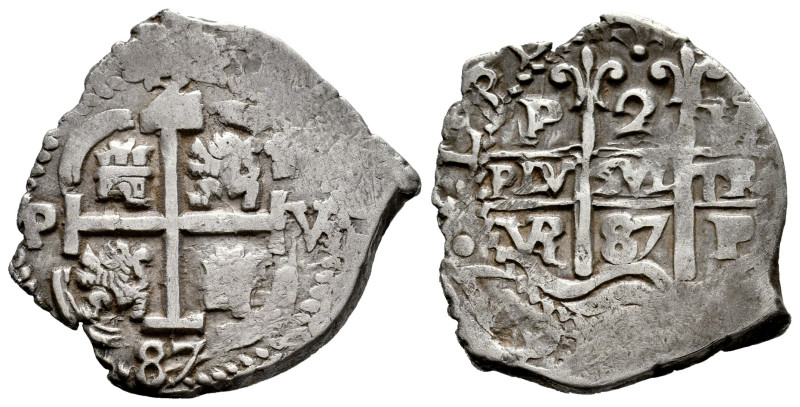 Charles II (1665-1700). 2 reales. 1687. Potosi. VR. (Cal-420). Ag. 5,31 g. Tripl...