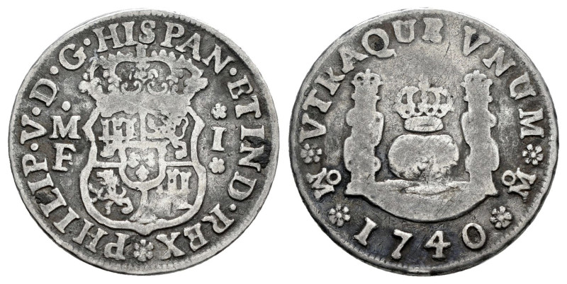 Philip V (1700-1746). 1 real. 1740. Mexico. MF. (Cal-516). Ag. 3,08 g. Partially...