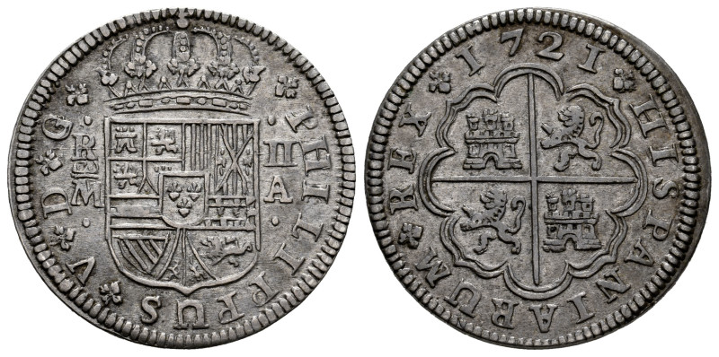 Philip V (1700-1746). 2 reales. 1721. Madrid. A. (Cal-774). Ag. 5,18 g. Delicate...