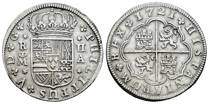 Philip V (1700-1746). 2 reales. 1721. Madrid. A. (Cal-774). Ag. 5,08 g. Minos ni...