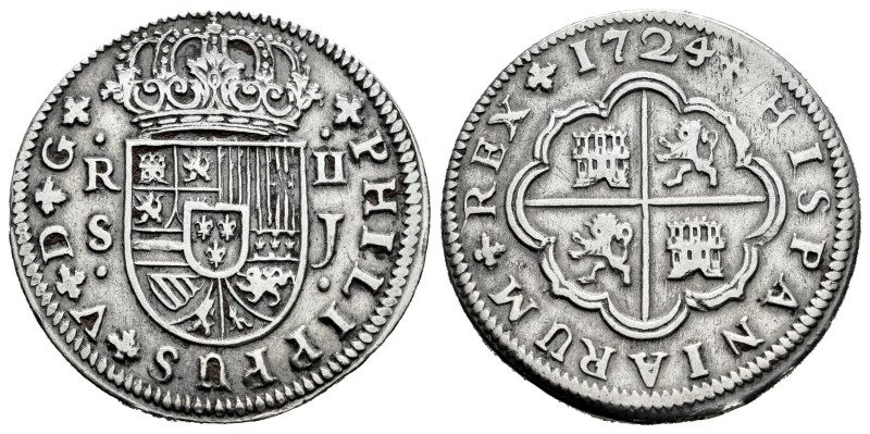 Philip V (1700-1746). 2 reales. 1724. Sevilla. J. (Cal-982). Ag. 5,05 g. Choice ...