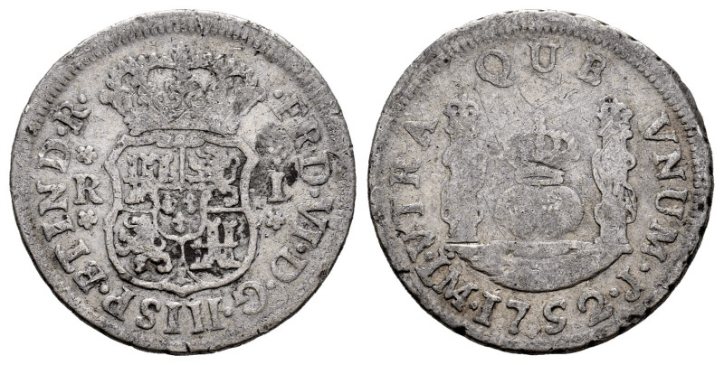 Ferdinand VI (1746-1759). 1 real. 1752. Lima. J. (Cal-152). Ag. 3,12 g. Dot abov...