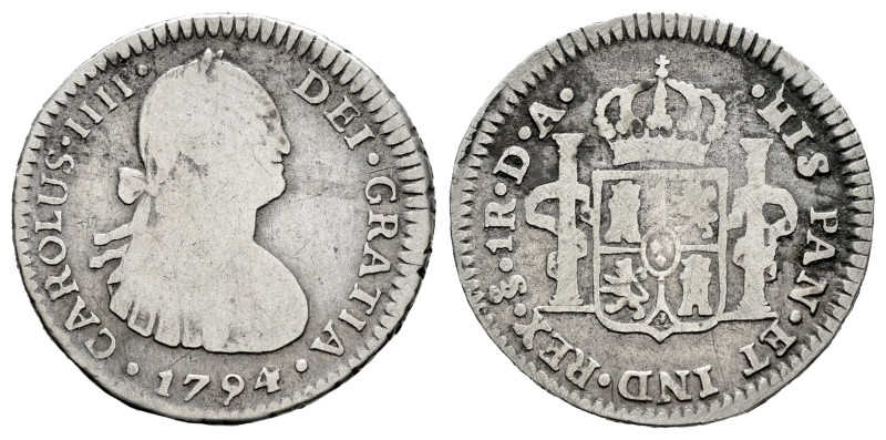 Charles IV (1788-1808). 1 real. 1794. Santiago. DA. (Cal-510 var). Ag. 3,19 g. S...