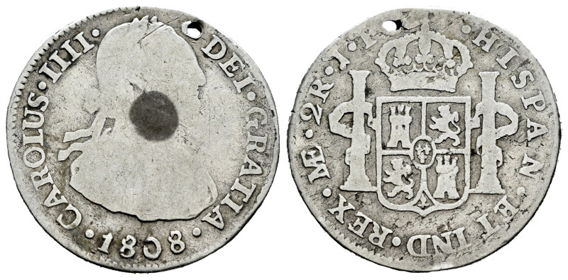 Charles IV (1788-1808). 2 reales. 1808. Lima. JP. (Cal-594). Ag. 6,56 g. Holed. ...