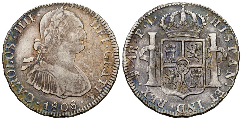 Charles IV (1788-1808). 4 reales. 1808. Potosi. PJ. (Cal-845). Ag. 13,34 g. Slig...