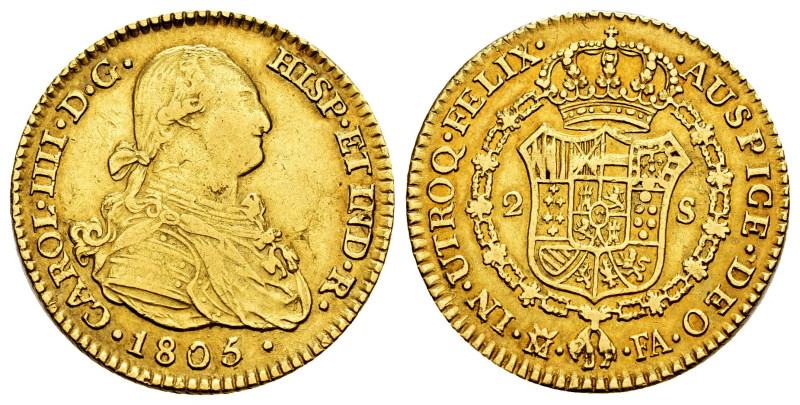 Charles IV (1788-1808). 2 escudos. 1805. Madrid. FA. (Cal-1312). Au. 6,86 g. VF/...