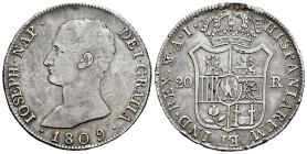 Joseph Napoleon (1808-1814). 20 reales. 1809. Madrid. AI. (Cal-36). Ag. 26,36 g. Planchet flaws on reverse. Toned. VF/Choice VF. Est...300,00. 

Spa...