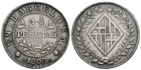 Joseph Napoleon (1808-1814). 2 1/2 pesetas. 1808. Barcelona. (Cal-40). Ag. 13,42 g. A good sample. Delicate patina. Scarce. Choice VF. Est...400,00. ...