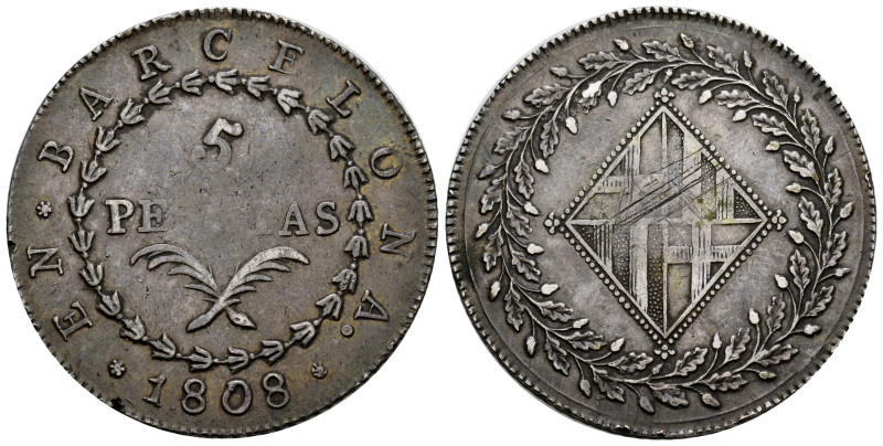 Joseph Napoleon (1808-1814). 5 pesetas. 1808. Barcelona. (Cal-44). Ag. 26,94 g. ...