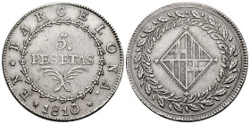 Joseph Napoleon (1808-1814). 5 pesetas. 1810. Barcelona. (Cal-46). Ag. 26,84 g. Cleaned. Knocks on edge. VF. Est...275,00. 

Spanish descripction: J...