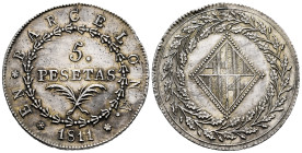 Joseph Napoleon (1808-1814). 5 pesetas. 1811. Barcelona. (Cal-48). Ag. 26,89 g. 24 rosettes. Striking error on edge at 2 h, otherwise attractive speci...
