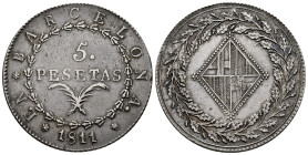 Joseph Napoleon (1808-1814). 5 pesetas. 1811. Barcelona. (Cal-47). Ag. 26,98 g. 25 rosettes. Delicate patina. Minor scratches on reverse. Minor nicks ...