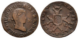 Ferdinand VII (1808-1833). 1 maravedi. 1820. Pamplona. (Cal-35). Ae. 1,96 g. Laureate bust. Wavy flan. Choice F. Est...25,00. 

Spanish descripction...