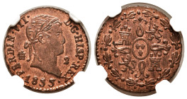 Ferdinand VII (1808-1833). 2 maravedis. 1833. Segovia. (Cal-157). Ae. Original luster. Slabbed by NGC as MS 63 RB. Est...120,00. 

Spanish descripct...