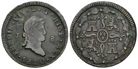 Ferdinand VII (1808-1833). 8 maravedis. 1820. Jubia. (Cal-200). Ae. 9,77 g. Minor rust. VF/Choice VF. Est...40,00. 

Spanish descripction: Fernando ...
