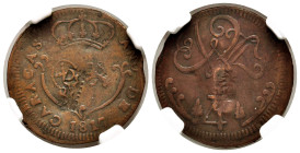 Ferdinand VII (1808-1833). 1/4 real. 1817. Caracas. (Cal-65). Ae. Stamped in 1823 at the siege of Puerto Cabello, one of the last royalist bastions in...