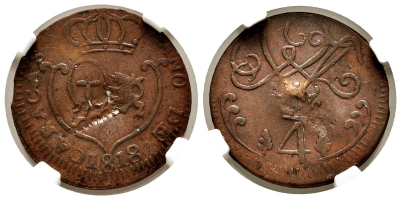 Ferdinand VII (1808-1833). 1/4 real. 1818. Caracas. (Cal-68). Ae. Stamped in 182...
