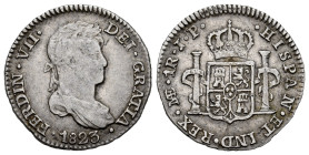 Ferdinand VII (1808-1833). 1 real. 1823. Lima. JP. (Cal-580). Ag. 3,07 g. Small planchet flaw on reverse. Scarce. Almost VF/VF. Est...80,00. 

Spani...