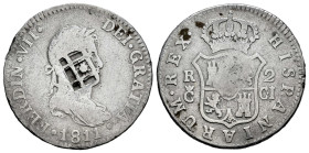 Ferdinand VII (1808-1833). 2 reales. 1811. Cadiz. C·J. (Cal-726). Ag. 5,40 g. Countermark from Vique (Cuba). (De Mey 481). Choice F/Almost VF. Est...6...
