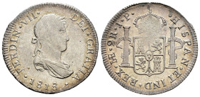 Ferdinand VII (1808-1833). 2 reales. 1818. Lima. JP. (Cal-818). Ag. 6,80 g. Weak strike on obverse. Original luster, even more in the reverse. Gorgeou...