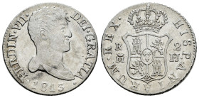 Ferdinand VII (1808-1833). 2 reales. 1813. Madrid. IJ. (Cal-824). Ag. 5,80 g. Bare bust. VF. Est...60,00. 

Spanish descripction: Fernando VII (1808...