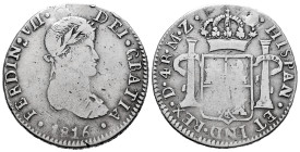 Ferdinand VII (1808-1833). 4 reales. 1816. Durango. MZ. (Cal-1037). Ag. 12,51 g. Plugged hole. Very rare. Choice F. Est...900,00. 

Spanish descripc...