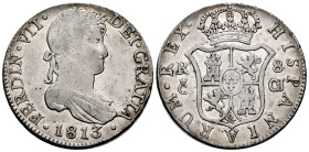 Ferdinand VII (1808-1833). 8 reales. 1813. Cadiz. CJ. (Cal-1153). Ag. 26,42 g. Scarce. This coin is exempt from any export license fee. Choice F/Almos...