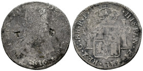 Ferdinand VII (1808-1833). 8 reales. 1816. Chihuahua. RP. (Cal-1168). (Km-111.1). Ag. 25,24 g. Laureate bust. Countermarks "T" and columns of Hercules...