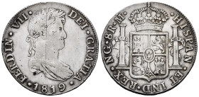 Ferdinand VII (1808-1833). 8 reales. 1819. Guatemala. M. (Cal-1234). Ag. 26,91 g. Incision mark on edge. Scratch on obverse. Scarce. VF/Choice VF. Est...
