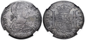 Ferdinand VII (1808-1833). 8 reales. 1809. Lima. JP. (Cal-1239). Ag. Indigenous bust. Large head. Legend FERDND. Patina. Slabbed by NGC as XF 40. Est....