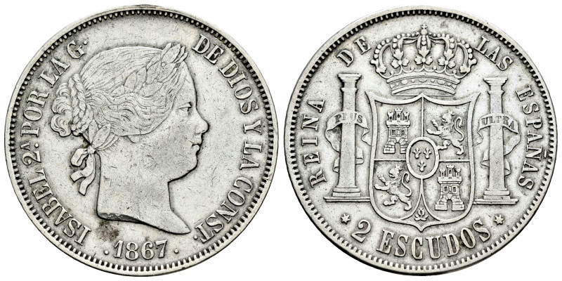 Elizabeth II (1833-1868). 2 escudos. 1867. Madrid. (Cal-647). Ae. 25,64 g. Minor...