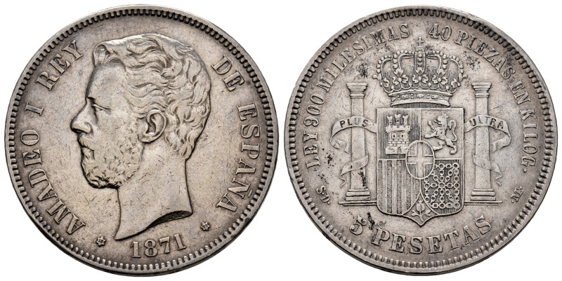 Amadeo I (1871-1873). 5 pesetas. 1871*18-71. Madrid. SDM. (Cal-1). Ag. 24,84 g. ...