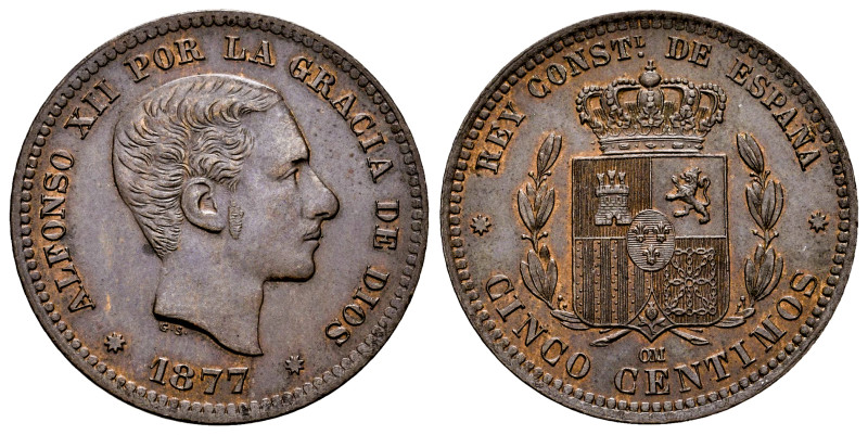 Alfonso XII (1874-1885). 5 centimos. 1877. Barcelona. OM. (Cal-4). Ae. 4,76 g. X...