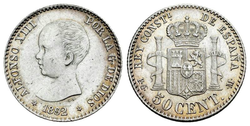 Alfonso XIII (1886-1931). 50 centimos. 1892*9-2. Madrid. PGM. (Cal-38). Ag. 2,51...