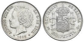 Alfonso XIII (1886-1931). 1 peseta. 1893*18-93. Madrid. PGL. (Cal-54). Ag. 5,03 g. Minor nick on edge. It retains some luster. Rare in this condition....