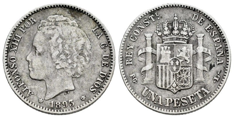 Alfonso XIII (1886-1931). 1 peseta. 1893*18-93. Madrid. PGL. (Cal-54). Ag. 4,91 ...