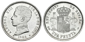 Alfonso XIII (1886-1931). 1 peseta. 1904*19-04. Madrid. SMV. (Cal-69). Ag. 5,07 g. Broken zero of the star. Original luster. Attractive. Almost MS. Es...