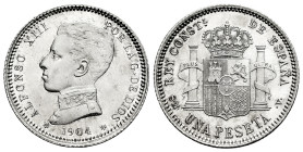 Alfonso XIII (1886-1931). 1 peseta. 1904*19-04. Madrid. SMV. (Cal-69). Ag. 4,98 g. Broken zero of the star. Original luster. Hairlines. Almost MS. Est...